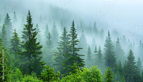 Misty mountain landscape with coniferous forest