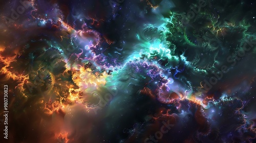 Ethereal neon fractal pattern, radiating across a cosmic landscape with distant stars and nebulas in the background