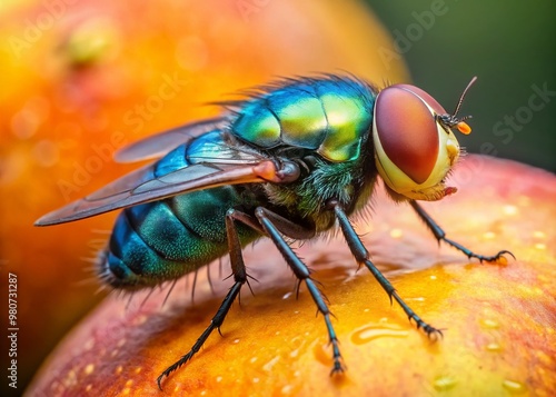 A close-up of a metallic blue blowfly with iridescent wings perched on a ripe, juicy peach, its antennae photo