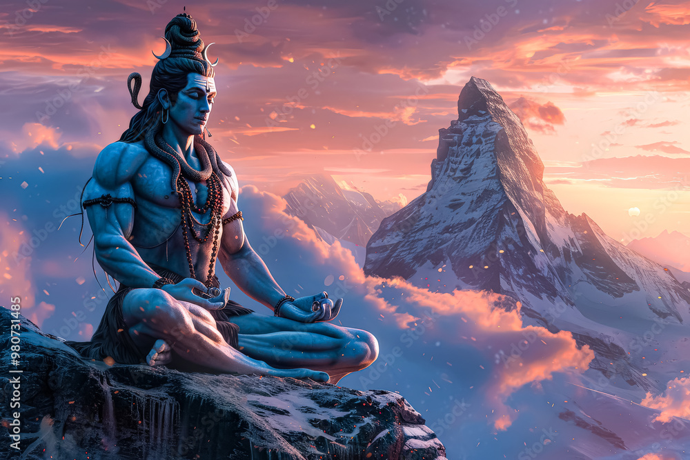 A statue of a man meditating on a mountain. The sky is cloudy and the sun is setting A statue of a man meditating on a mountain. The sky is cloudy and the sun is setting