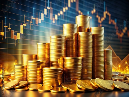 Obraz na płótnie Heaps of gold bullion and coins sit atop a financial trading chart, symbolizing wealth and prosperity in the digital age of artificial intelligence. w salonie