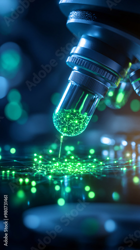 A microscope is focused on a green object. The object is glowing and he is a small ball of light. Concept of wonder and curiosity about the object being studied