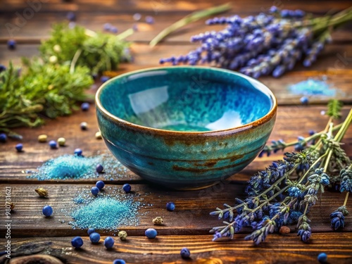 A close-up of a serene blue clay pottery bowl on a rustic wooden table, surrounded by scattered blue photo