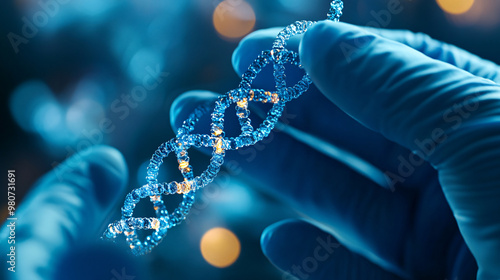 Wallpaper Mural A person is holding a strand of DNA in their gloved hand. The DNA is blue and has a pattern of dots. Concept of scientific discovery and exploration Torontodigital.ca