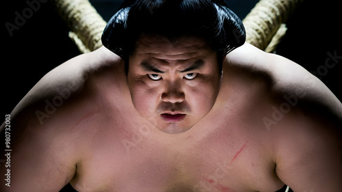 力強い表情と伝統的な姿を捉えた大相撲の迫力あるクローズアップ - 日本文化の象徴である力士の集中力とパワーを表現した商業撮影に最適な画像