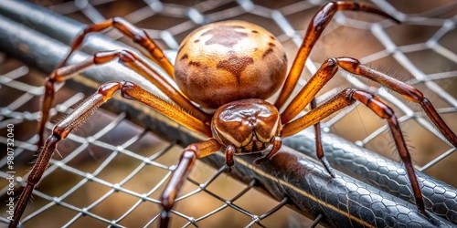 A close-up of a venomous brown widow spider perched on a web-covered metal fence, showcasing its distinctive photo