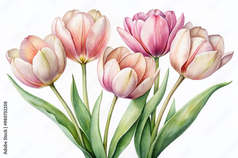 Delicate watercolor tulips with soft petals and intricate stem details bloom against a crisp isolated white background in a beautiful botanical illustration. Delicate watercolor tulips with soft petals and intricate stem details bloom against a crisp isolated white background in a beautiful botanical illustration.