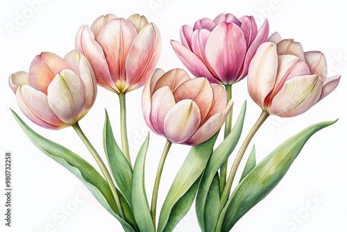 Delicate watercolor tulips with soft petals and intricate stem details bloom against a crisp isolated white background in a beautiful botanical illustration.