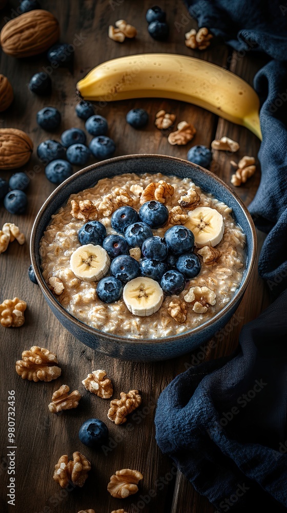 Oatmeal porridge with walnuts, blueberries and banana in bowl Oatmeal porridge with walnuts, blueberries and banana in bowl