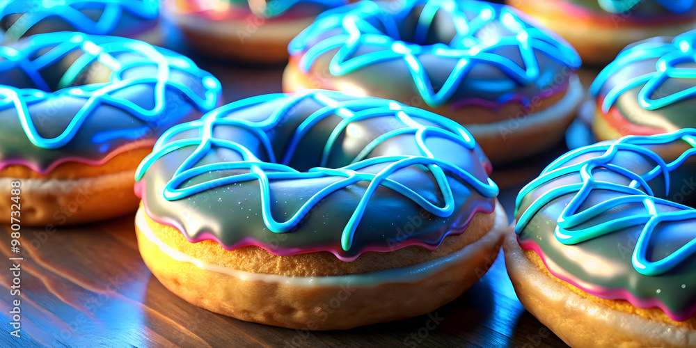 3D Close-Up of Futuristic Hanukkah Donuts with Neon Icing - Macro Shot Showcasing Glowing Details and Modern Twist on Traditional Treats 3D Close-Up of Futuristic Hanukkah Donuts with Neon Icing - Macro Shot Showcasing Glowing Details and Modern Twist on Traditional Treats
