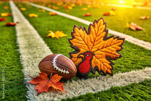 A close-up shot of a football field with a commemorative patch on the turf, featuring a turkey and photo