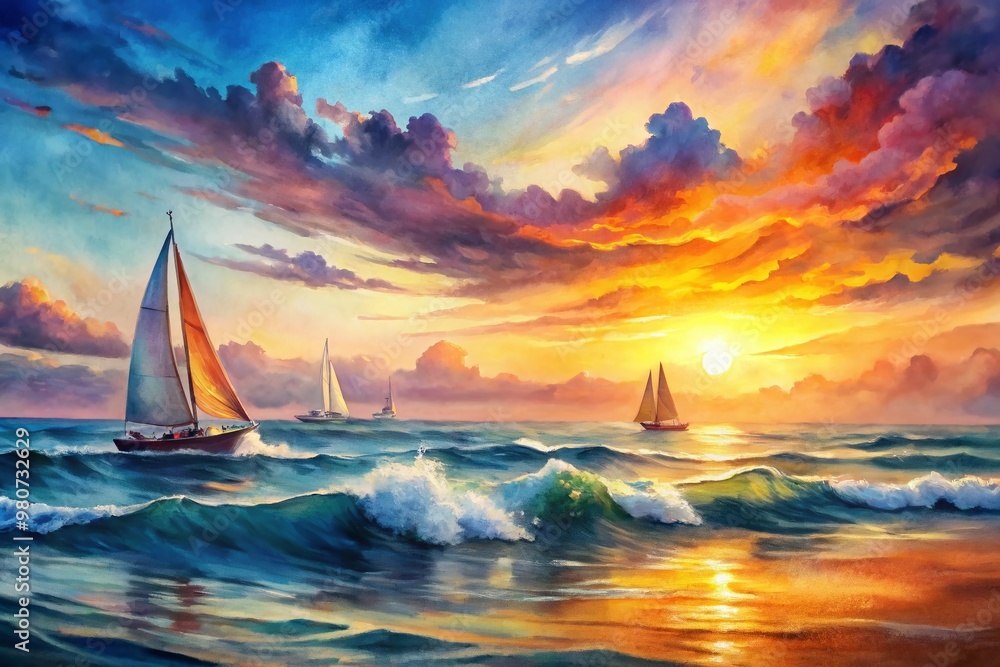 Fototapeta premium Vibrant watercolor landscape features broad strokes of artistic genius depicting a stunning sunrise over the sea with dynamic waves and majestic sailboats in distance.