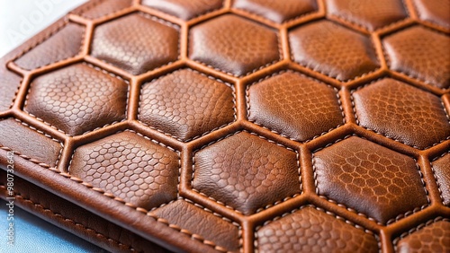 A close-up shot of a luxury leather wallet featuring a stylish debossed pattern of interlocking hexagons, adding a photo