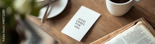 Inspirational note with 'God Cares for You' message on wooden table with coffee and open book, creating a calm and spiritual setting.