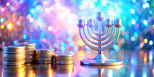 3D Holographic Dreidel and Hanukkah Coins on Glossy Background with Copy Space for Festive Designs and E-Commerce Banners