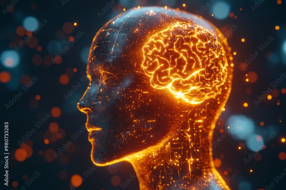 Human head illuminated with orange neural pathways representing the exchange of cognitive data between human brain functions and artificial intelligence systems Human head illuminated with orange neural pathways representing the exchange of cognitive data between human brain functions and artificial intelligence systems