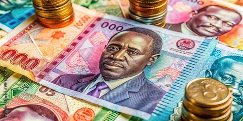 A close-up shot of Burundian franc banknotes and coins stacked together, showcasing the vibrant colors and intricate photo