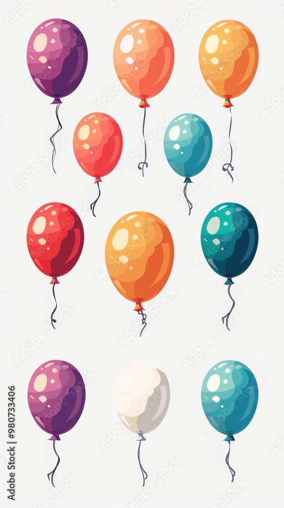 Colorful balloons with strings, floating joyfully in an illustration against a white background, evoke a cheerful and celebratory mood with their bright colors and playful arrangement. Colorful balloons with strings, floating joyfully in an illustration against a white background, evoke a cheerful and celebratory mood with their bright colors and playful arrangement.