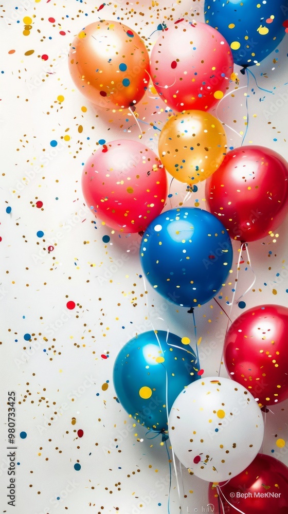 Colorful party balloons in red, blue, green, and gold on a white background with confetti, creating a festive, celebratory vibe. Colorful party balloons in red, blue, green, and gold on a white background with confetti, creating a festive, celebratory vibe.