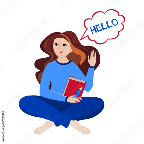 Young woman girl student learning english. Education, foreign language. Woman meditating. Female relaxing in lotus pose. Flat  illustration isolated on white background. Vector Illustration