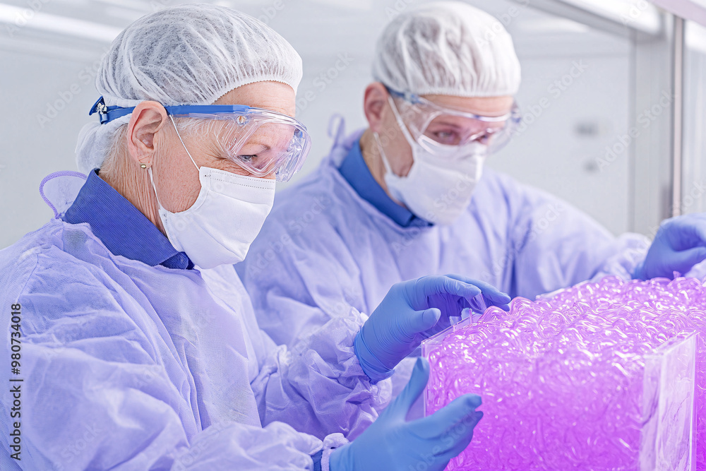 Two people in lab coats are wearing gloves and masks while working with a purple object. Scene is serious and focused Two people in lab coats are wearing gloves and masks while working with a purple object. Scene is serious and focused
