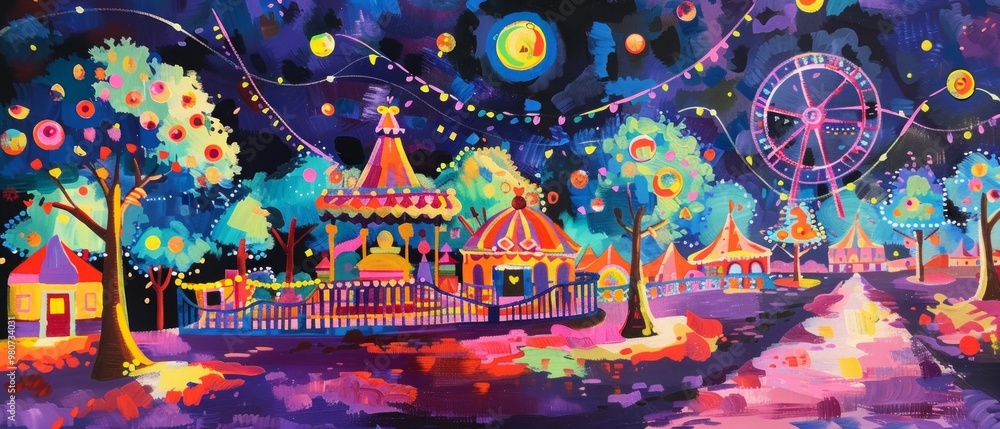 Obraz premium An oil painting by captures a lively night scene at a festive fair with bright lights, colorful rides, and a magical atmosphere.