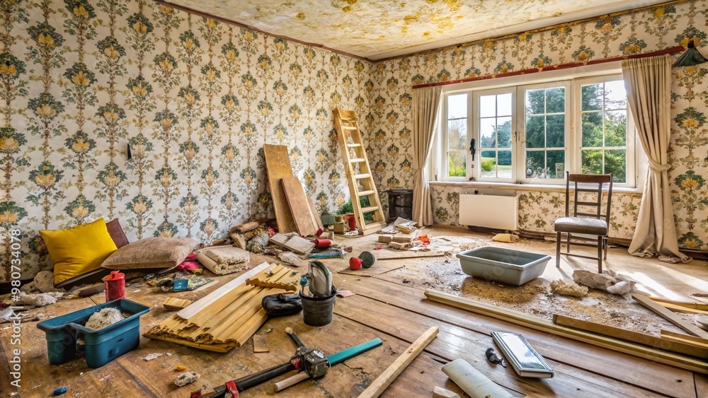A cluttered living room with torn wallpaper, exposed insulation, and scattered construction tools, illustrating the A cluttered living room with torn wallpaper, exposed insulation, and scattered construction tools, illustrating the