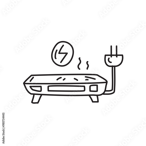 Hand drawn illustration of a power strip plugged in and with a lightning bolt icon. Simple line drawing. Electrical outlet, electricity, device.