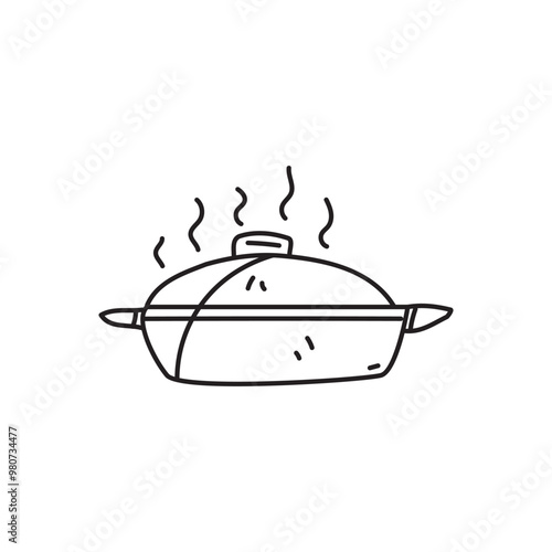 Hand-drawn line art illustration of a pot with lid and steam coming out.