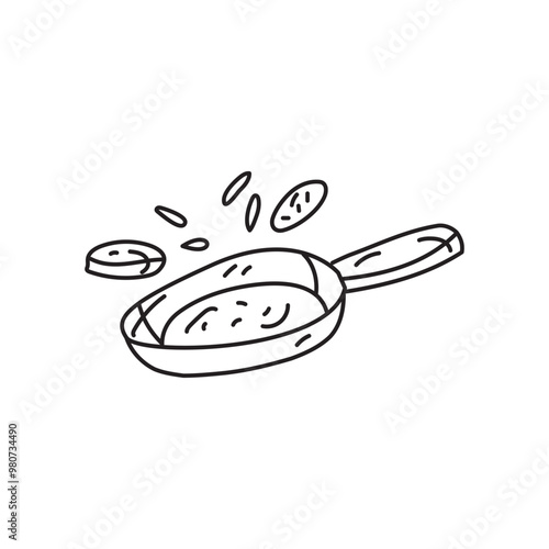 Hand-drawn illustration of a frying pan with food being tossed in the air. Doodle style cooking clipart.