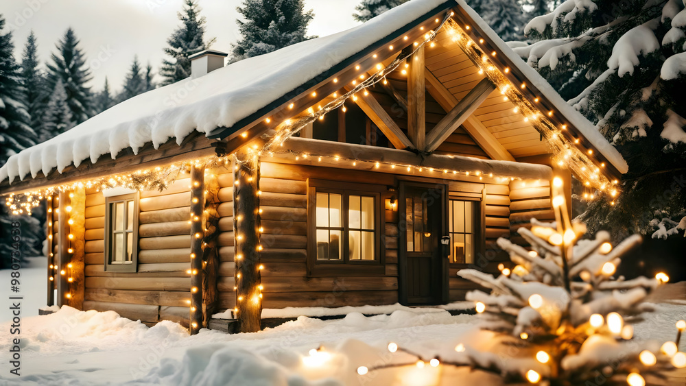 Flat Vector Illustration of a Snow-Covered Cabin with Twinkling Lights and Clear Copy Space for Holiday Messages and Winter Sales Campaigns Flat Vector Illustration of a Snow-Covered Cabin with Twinkling Lights and Clear Copy Space for Holiday Messages and Winter Sales Campaigns