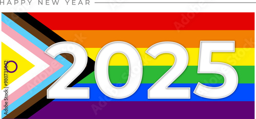 Banner Happy new year 2025 with LGBTQ plus Pride Flag - New Progress Pride Flag on the background