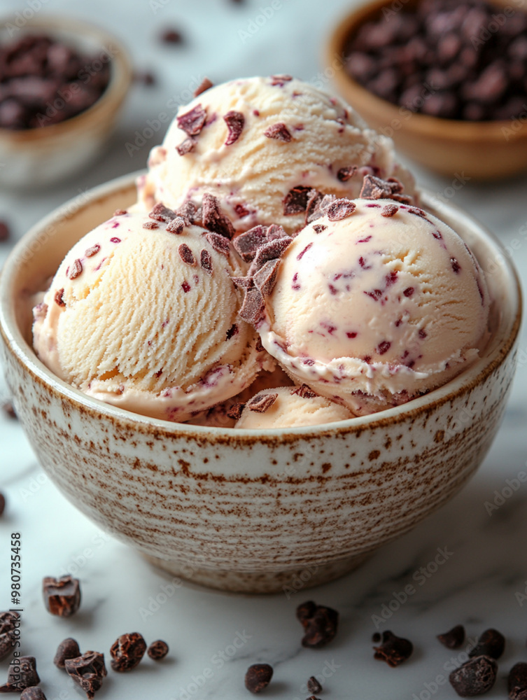 A bowl of ice cream with chocolate chips on top A bowl of ice cream with chocolate chips on top
