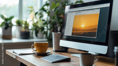 Wallpaper Mural Home office desk with computer displaying a sunset, next to coffee cup and plants Torontodigital.ca