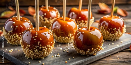 Vibrant caramel apples on sticks, smothered in a glossy caramel coating and sprinkled with flaky salt, tempting the senses with their sweet and salty appeal.