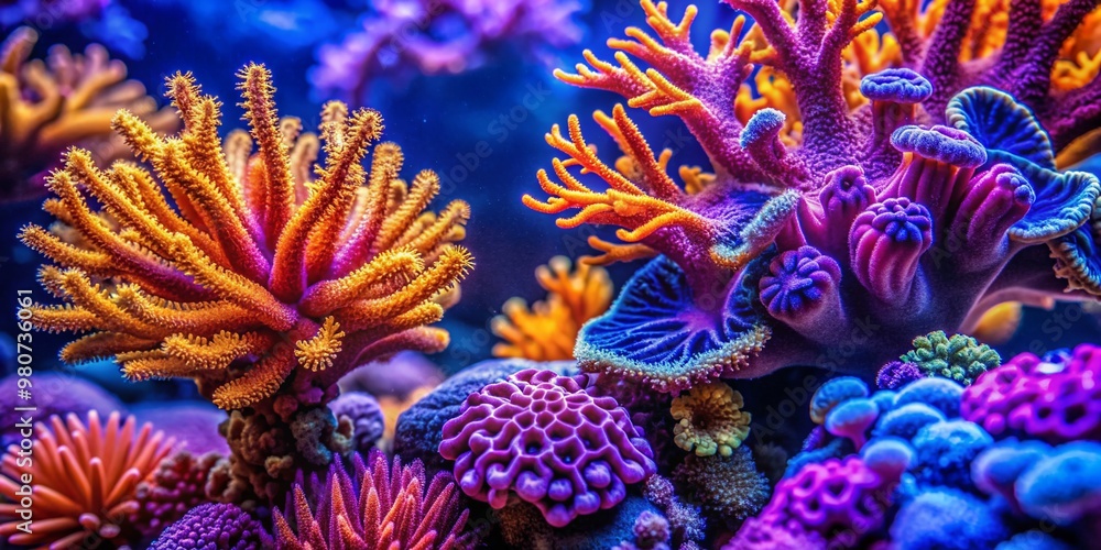 Vibrant purple and orange corals in intricate shapes and patterns fill the frame, set against a bright blue and yellow abstract background. Vibrant purple and orange corals in intricate shapes and patterns fill the frame, set against a bright blue and yellow abstract background.