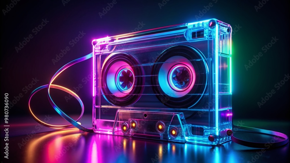 Vibrant neon-lit cassette tape reel spins against a dark background, evoking nostalgic memories of 90s music listening, retro audio technology, and youthful innocence. Vibrant neon-lit cassette tape reel spins against a dark background, evoking nostalgic memories of 90s music listening, retro audio technology, and youthful innocence.