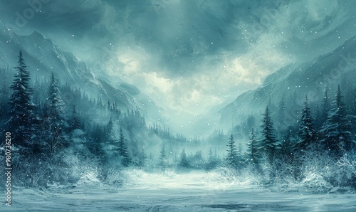 Mystical winter landscape shrouded in a soft blue haze amidst towering mountains and evergreens, evoking tranquility and the beauty of nature during the cold season photo