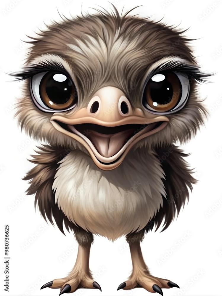 
cute baby ostrich character with a smile, full length, on a white background