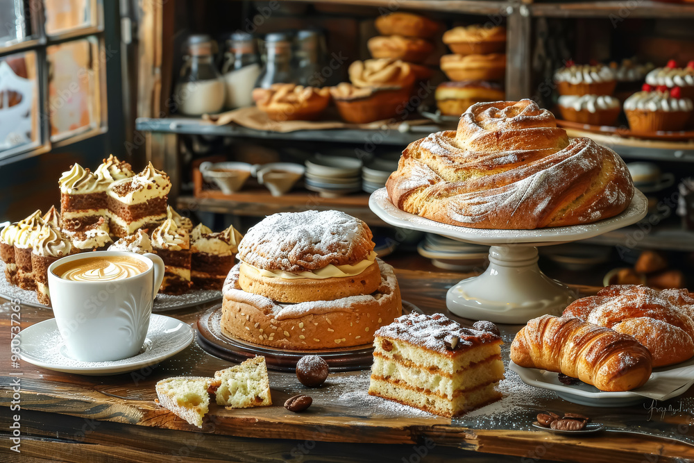 A table with a variety of pastries and coffee cups. Scene is cozy and inviting, with the pastries and coffee cups arranged in a way that makes them look delicious and ready to be enjoyed A table with a variety of pastries and coffee cups. Scene is cozy and inviting, with the pastries and coffee cups arranged in a way that makes them look delicious and ready to be enjoyed