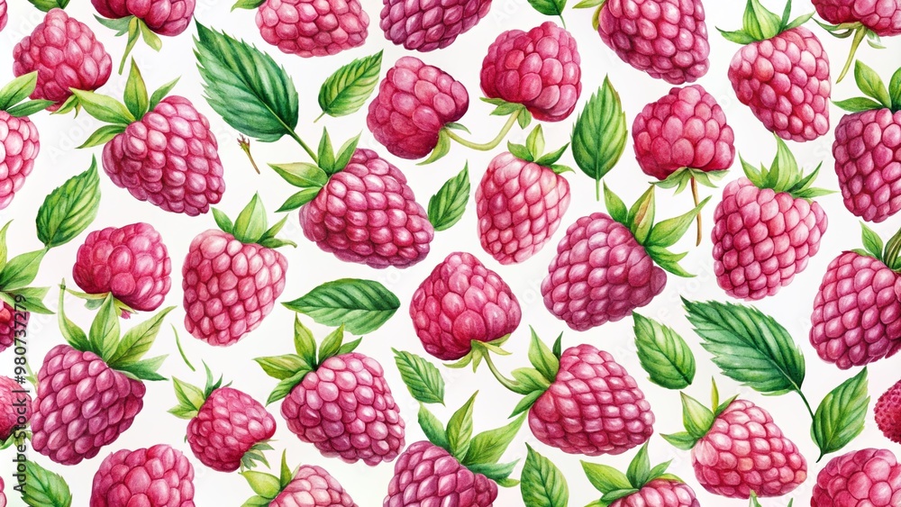 Vibrant watercolor raspberries in soft pink and green hues form a seamless repeating pattern on a white background, creating a whimsical and elegant design element. Vibrant watercolor raspberries in soft pink and green hues form a seamless repeating pattern on a white background, creating a whimsical and elegant design element.