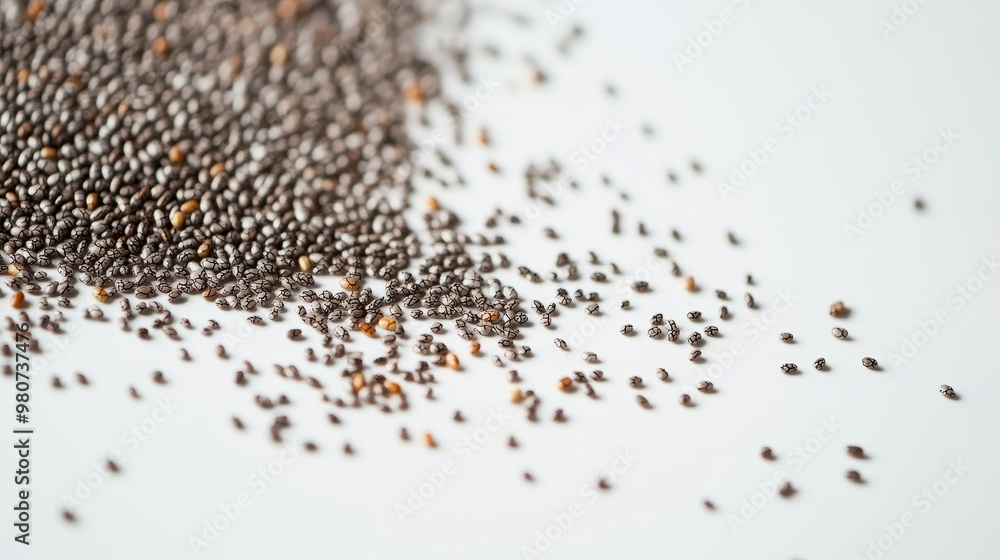Chia seeds displayed on a white surface in sharp focus from above, arranged flat. Chia seeds displayed on a white surface in sharp focus from above, arranged flat.