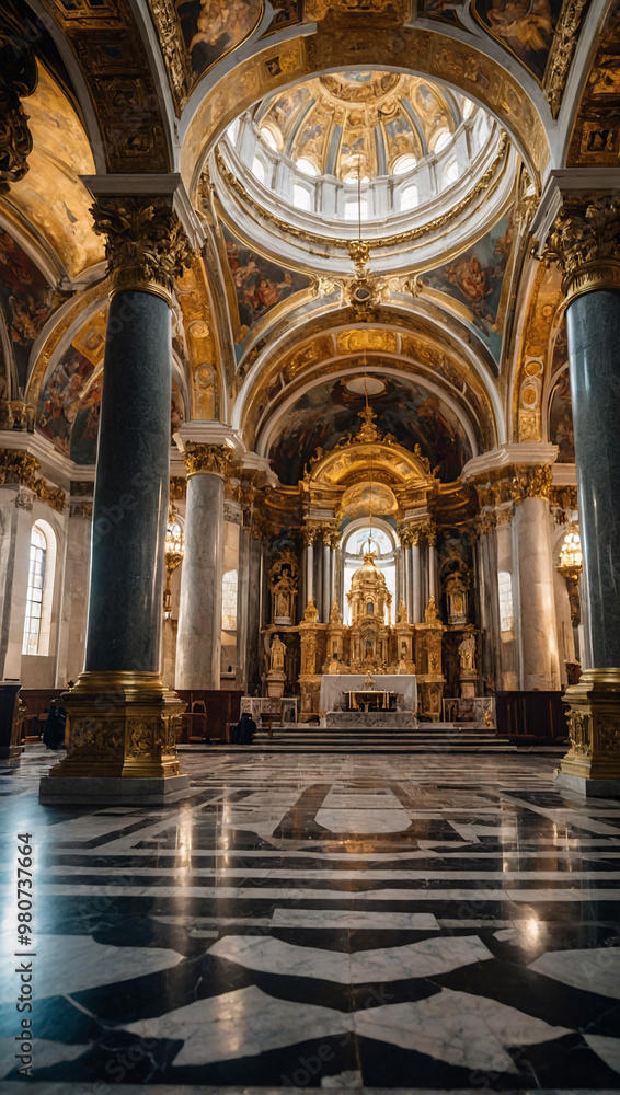 Create an ornate Baroque church interior with grand marble columns, golden altars, and a large, intricately painted dome ceiling Create an ornate Baroque church interior with grand marble columns, golden altars, and a large, intricately painted dome ceiling