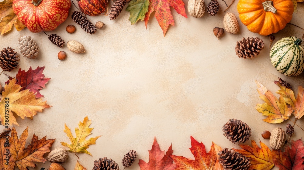 Colorful autumn leaves, pumpkins, pinecones, and nuts create a vibrant autumn scene with ample space for text on a beige backdrop. Colorful autumn leaves, pumpkins, pinecones, and nuts create a vibrant autumn scene with ample space for text on a beige backdrop.