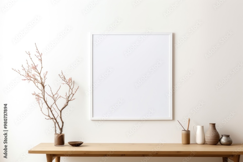 White picture frame in japanese style furniture table room. White picture frame in japanese style furniture table room.