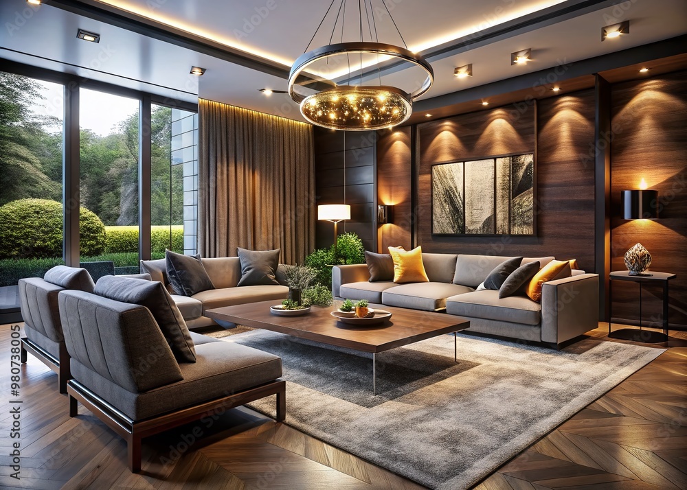 A contemporary living room featuring bold accent lighting that accentuates the defined lines and textures of sleek, A contemporary living room featuring bold accent lighting that accentuates the defined lines and textures of sleek,