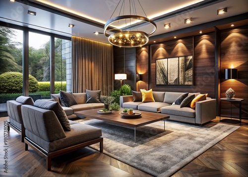 A contemporary living room featuring bold accent lighting that accentuates the defined lines and textures of sleek 