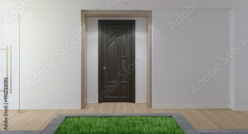door way with a green grass field garden