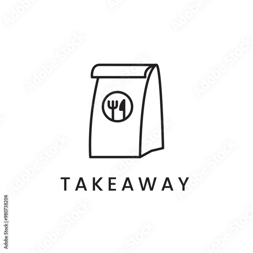 Take away food delivery service. paper bag with fork and knife minimalist line icon symbol.