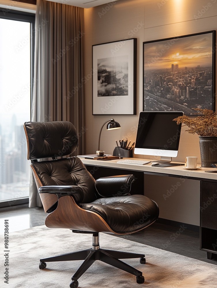 Fototapeta premium A black leather office chair sits in front of a desk with a computer monitor